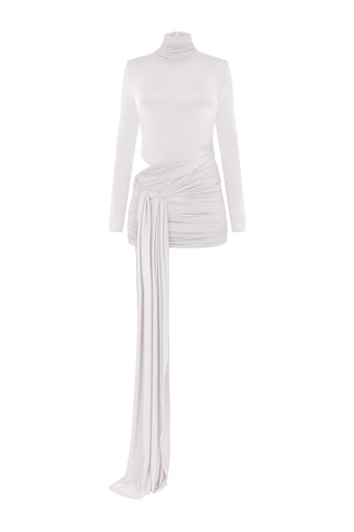Khela Light gray high neckline long sleeves with side cutout details draped mini dress