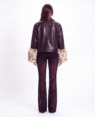 Khela Heartless Jacket faux leather women's jacket with oversized leopard-print faux fur cuffs