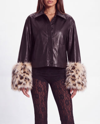 Khela Heartless Jacket faux leather women's jacket with oversized leopard-print faux fur cuffs