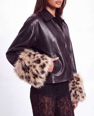 Khela Heartless Jacket faux leather women's jacket with oversized leopard-print faux fur cuffs