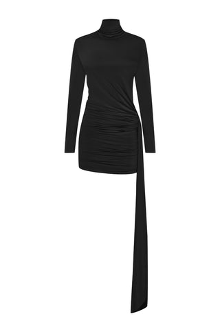 Khela Black high neck long sleeves draped waist mini dress