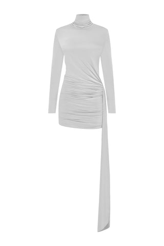 Khela Light gray high neck long sleeves draped waist mini dress