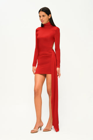 Khela Red high neck long sleeves draped waist mini dress