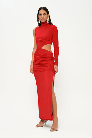 Khela Red one-sleeve high neck cutout design maxi dress