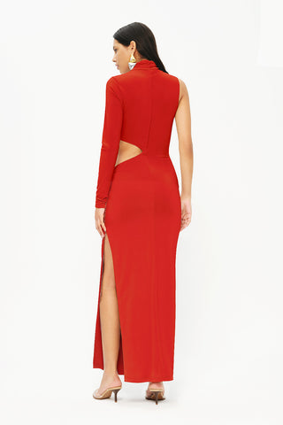 Khela Red one-sleeve high neck cutout design maxi dress
