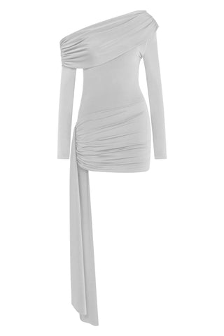 Khela Light gray one-shoulder neck long sleeve on one side draped sash detailed mini dress
