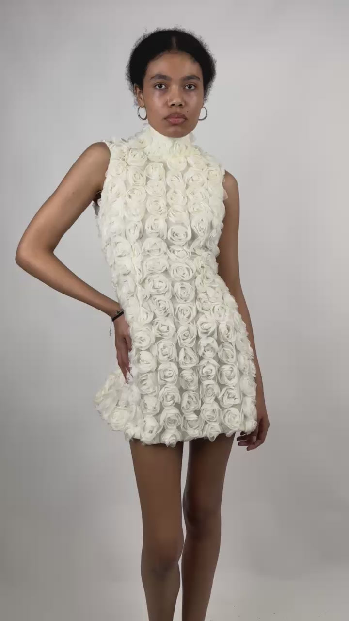 Khela ecru A-line mini dress with mandarin collar and 3D floral details