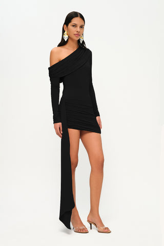 Khela Black one-shoulder neck long sleeve on one side draped sash detailed mini dress
