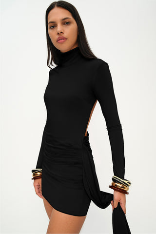 Khela Black high neck long sleeves draped waist mini dress