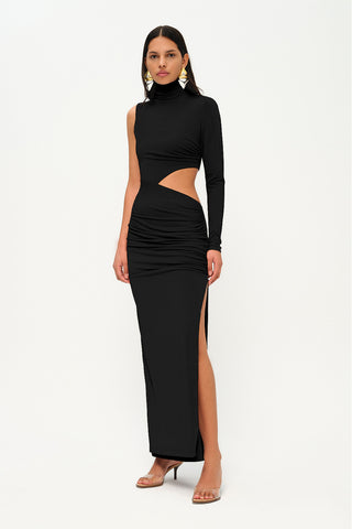 Khela Black one-sleeve high neck cutout design maxi dress