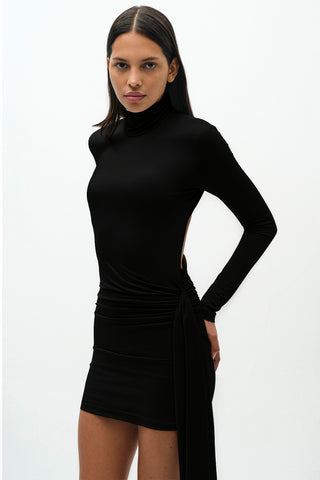 Khela Black high neck long sleeves draped waist mini dress