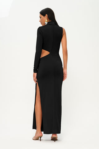 Khela Black one-sleeve high neck cutout design maxi dress