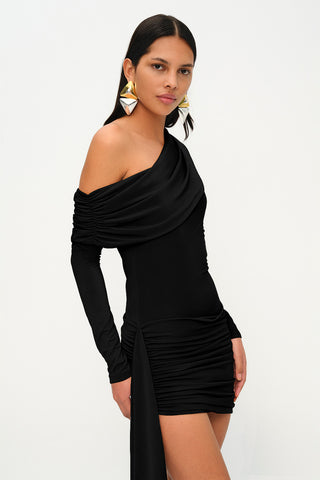 Khela Black one-shoulder neck long sleeve on one side draped sash detailed mini dress
