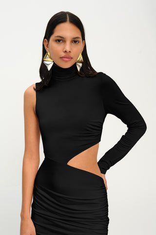 Khela Black one-sleeve high neck cutout design maxi dress