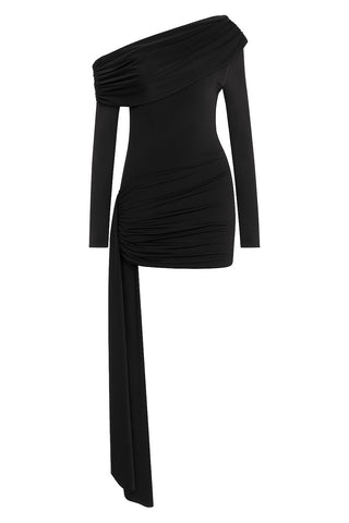 Khela Black one-shoulder neck long sleeve on one side draped sash detailed mini dress
