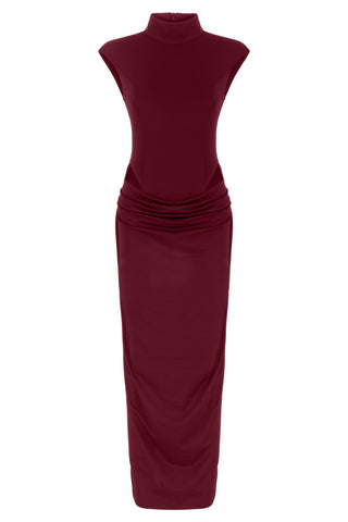 Khela burgundy high neck draped midi dress