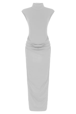 Khela Light gray high neck draped midi dress