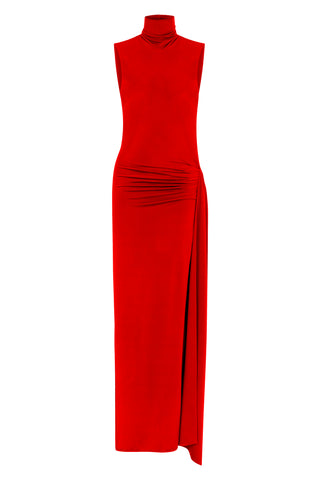 Khela Red high neckline with sleeveless cut draped detailed maxi dress
